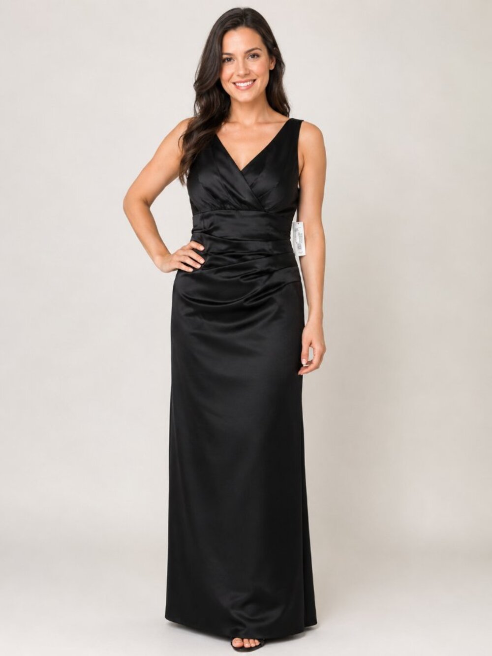 David’s Bridal Black Satin Ruched V Neck Formal Gown Size 8 NWT